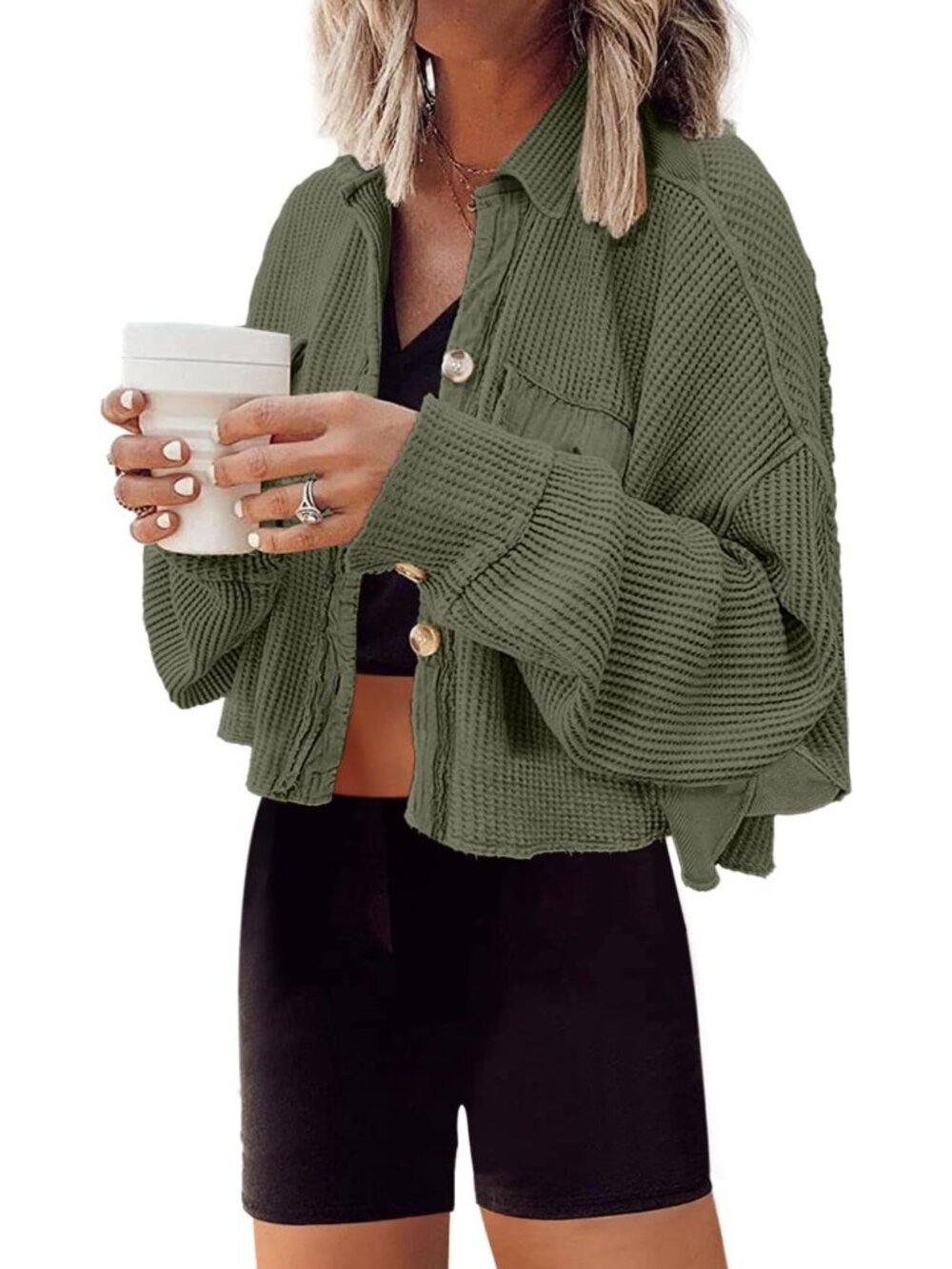 Womens Olive Red Cropped Waffle Knit Button Down Batwing Sleeve Cardigan Jacket